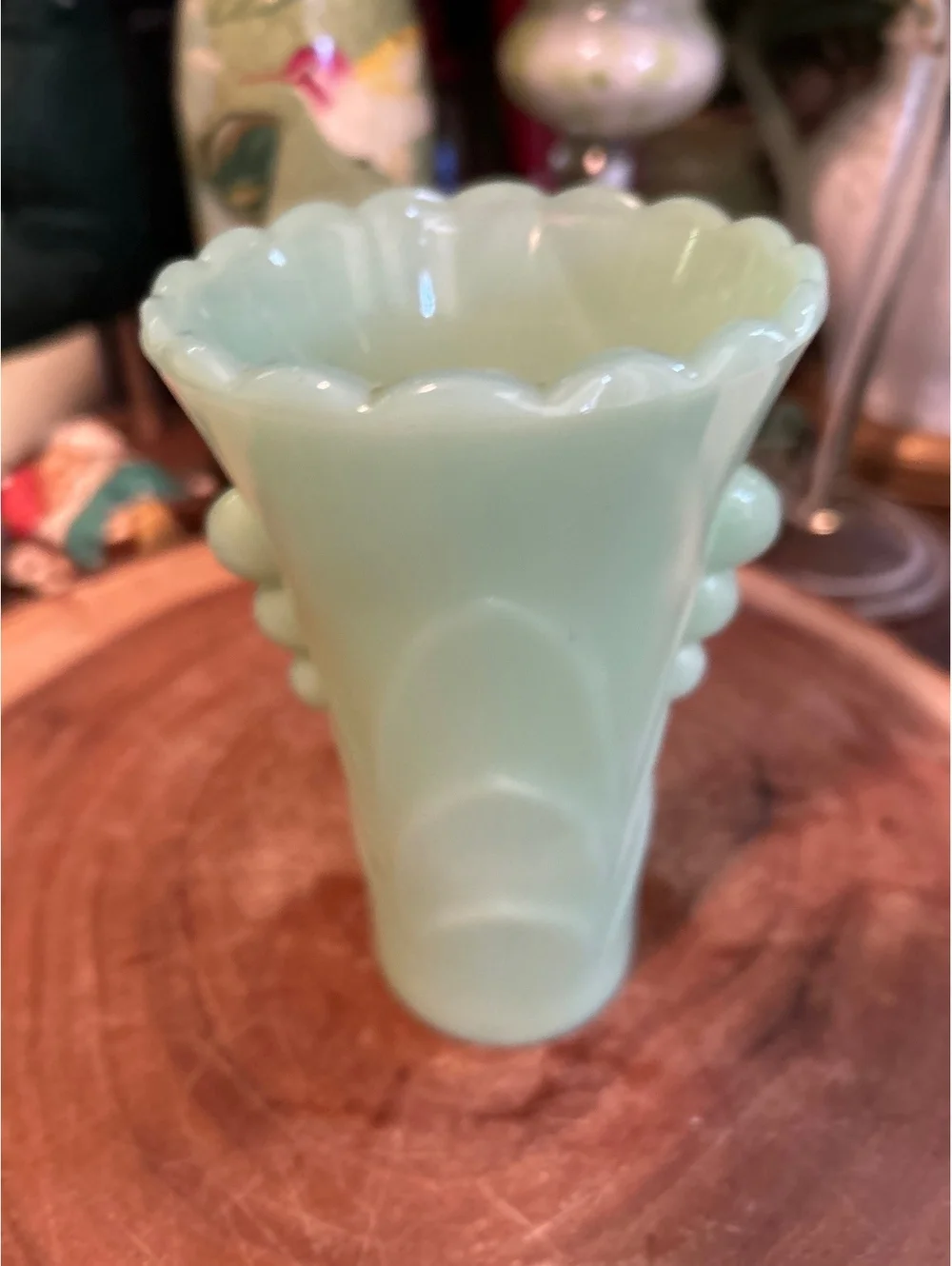 Vintage jadeite Glass Table Vase with Scalloped Rim and Bubble Detailing